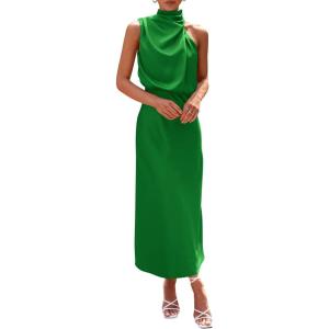 imagePRETTYGARDEN Womens 2025 Summer Satin Dress Elegant Sleeveless Mock Neck Cocktail Party Maxi DressesBright Green
