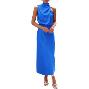 imagePRETTYGARDEN Womens 2025 Summer Satin Dress Elegant Sleeveless Mock Neck Cocktail Party Maxi DressesBrilliant Blue