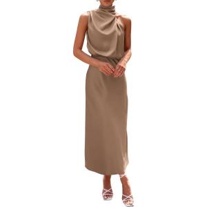 imagePRETTYGARDEN Womens 2025 Summer Satin Dress Elegant Sleeveless Mock Neck Cocktail Party Maxi DressesChampagne