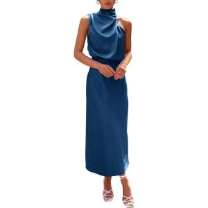 imagePRETTYGARDEN Womens 2025 Summer Satin Dress Elegant Sleeveless Mock Neck Cocktail Party Maxi DressesDark Blue