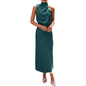imagePRETTYGARDEN Womens 2025 Summer Satin Dress Elegant Sleeveless Mock Neck Cocktail Party Maxi DressesDark Green