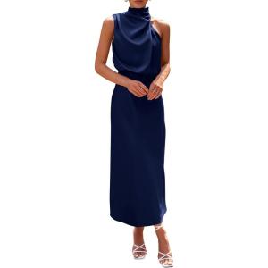 imagePRETTYGARDEN Womens 2025 Summer Satin Dress Elegant Sleeveless Mock Neck Cocktail Party Maxi DressesDark Navy