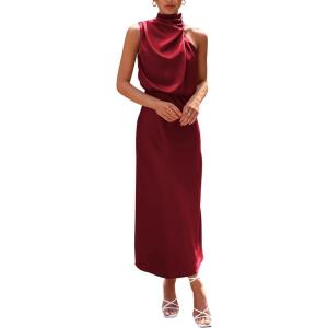 imagePRETTYGARDEN Womens 2025 Summer Satin Dress Elegant Sleeveless Mock Neck Cocktail Party Maxi DressesDark Wine Red