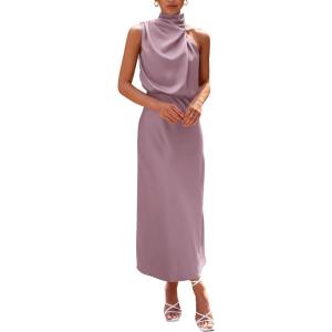 imagePRETTYGARDEN Womens 2025 Summer Satin Dress Elegant Sleeveless Mock Neck Cocktail Party Maxi DressesDusty Pink