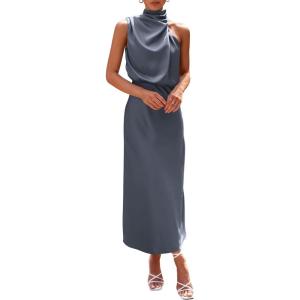 imagePRETTYGARDEN Womens 2025 Summer Satin Dress Elegant Sleeveless Mock Neck Cocktail Party Maxi DressesGrey Blue