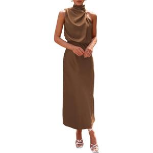 imagePRETTYGARDEN Womens 2025 Summer Satin Dress Elegant Sleeveless Mock Neck Cocktail Party Maxi DressesKhaki
