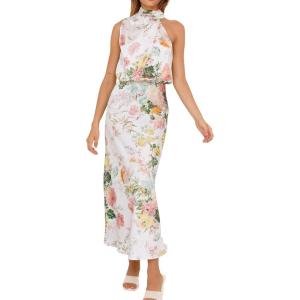 imagePRETTYGARDEN Womens 2025 Summer Satin Dress Elegant Sleeveless Mock Neck Cocktail Party Maxi DressesPrint White