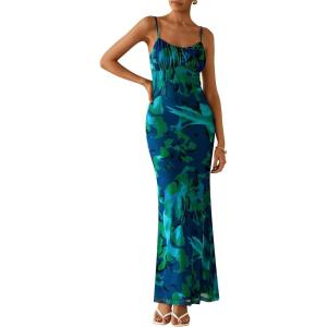 imagePRETTYGARDEN Womens Bodycon Maxi Dress 2025 Summer Floral Sundress Sleeveless Spaghetti Strap Cocktail Party DressGreen Floral