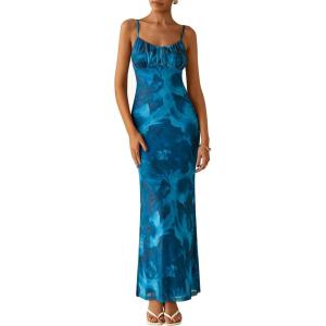 imagePRETTYGARDEN Womens Bodycon Maxi Dress 2025 Summer Floral Sundress Sleeveless Spaghetti Strap Cocktail Party DressLake Blue Floral