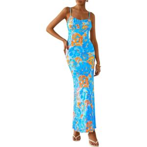 imagePRETTYGARDEN Womens Bodycon Maxi Dress 2025 Summer Floral Sundress Sleeveless Spaghetti Strap Cocktail Party DressLight Blue Floral