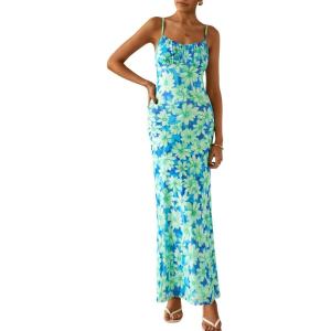 imagePRETTYGARDEN Womens Bodycon Maxi Dress 2025 Summer Floral Sundress Sleeveless Spaghetti Strap Cocktail Party DressLight Green Daisy