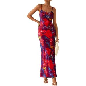 imagePRETTYGARDEN Womens Bodycon Maxi Dress 2025 Summer Floral Sundress Sleeveless Spaghetti Strap Cocktail Party DressNavy Red Floral