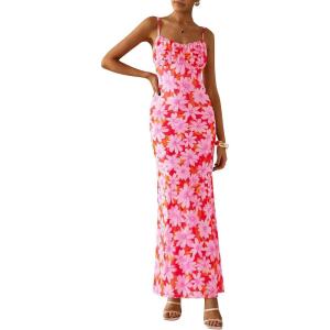 imagePRETTYGARDEN Womens Bodycon Maxi Dress 2025 Summer Floral Sundress Sleeveless Spaghetti Strap Cocktail Party DressPink Daisy