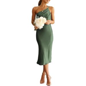 imagePRETTYGARDEN Womens Midi Satin Dress One Shoulder Spaghetti Strap Backless Ruched Summer Bodycon DressesArmy Green