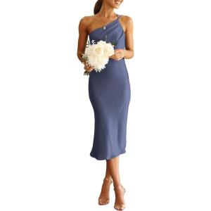 imagePRETTYGARDEN Womens Midi Satin Dress One Shoulder Spaghetti Strap Backless Ruched Summer Bodycon DressesDark Grey Blue