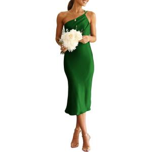 imagePRETTYGARDEN Womens Midi Satin Dress One Shoulder Spaghetti Strap Backless Ruched Summer Bodycon DressesGreen