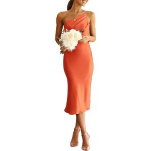 imagePRETTYGARDEN Womens Midi Satin Dress One Shoulder Spaghetti Strap Backless Ruched Summer Bodycon DressesOrange