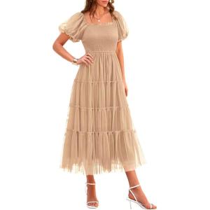 imagePRETTYGARDEN Womens Smocked Midi Tulle Dress 2025 Summer Puffy Short Sleeve Square Neck Ruffle Wedding Guest Party DressesApricot