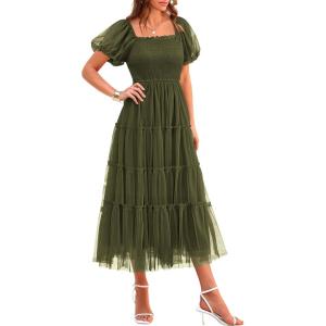 imagePRETTYGARDEN Womens Smocked Midi Tulle Dress 2025 Summer Puffy Short Sleeve Square Neck Ruffle Wedding Guest Party DressesArmy Green