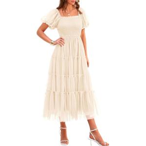 imagePRETTYGARDEN Womens Smocked Midi Tulle Dress 2025 Summer Puffy Short Sleeve Square Neck Ruffle Wedding Guest Party DressesBeige