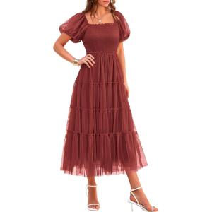 imagePRETTYGARDEN Womens Smocked Midi Tulle Dress 2025 Summer Puffy Short Sleeve Square Neck Ruffle Wedding Guest Party DressesBrick Red