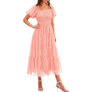 imagePRETTYGARDEN Womens Smocked Midi Tulle Dress 2025 Summer Puffy Short Sleeve Square Neck Ruffle Wedding Guest Party DressesCoral Pink