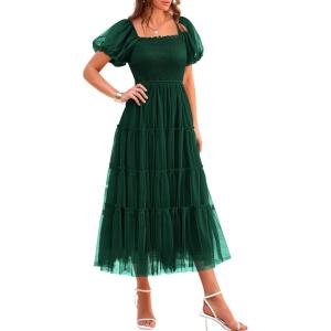 imagePRETTYGARDEN Womens Smocked Midi Tulle Dress 2025 Summer Puffy Short Sleeve Square Neck Ruffle Wedding Guest Party DressesDark Green