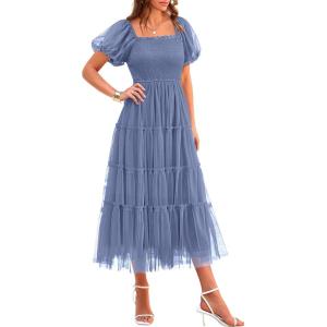 imagePRETTYGARDEN Womens Smocked Midi Tulle Dress 2025 Summer Puffy Short Sleeve Square Neck Ruffle Wedding Guest Party DressesGrey Blue