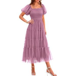 imagePRETTYGARDEN Womens Smocked Midi Tulle Dress 2025 Summer Puffy Short Sleeve Square Neck Ruffle Wedding Guest Party DressesGrey Purple