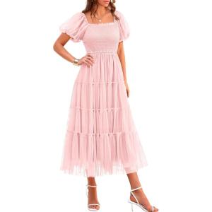 imagePRETTYGARDEN Womens Smocked Midi Tulle Dress 2025 Summer Puffy Short Sleeve Square Neck Ruffle Wedding Guest Party DressesLight Pink