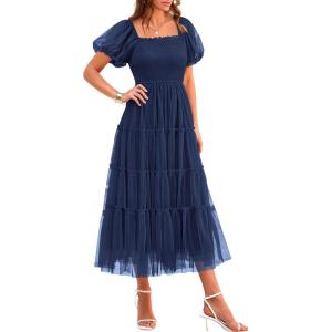 imagePRETTYGARDEN Womens Smocked Midi Tulle Dress 2025 Summer Puffy Short Sleeve Square Neck Ruffle Wedding Guest Party DressesNavy