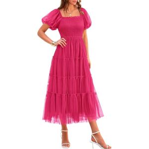 imagePRETTYGARDEN Womens Smocked Midi Tulle Dress 2025 Summer Puffy Short Sleeve Square Neck Ruffle Wedding Guest Party DressesRose Red