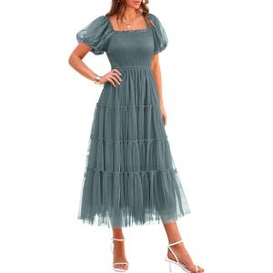 imagePRETTYGARDEN Womens Smocked Midi Tulle Dress 2025 Summer Puffy Short Sleeve Square Neck Ruffle Wedding Guest Party DressesSage Green
