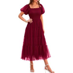 imagePRETTYGARDEN Womens Smocked Midi Tulle Dress 2025 Summer Puffy Short Sleeve Square Neck Ruffle Wedding Guest Party DressesWine Red