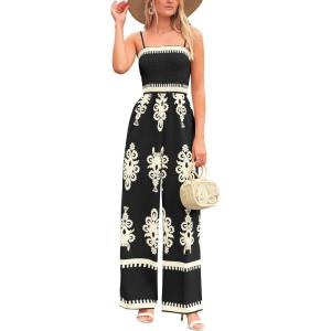 imagePRETTYGARDEN Womens Summer Boho Jumpsuits One Piece Beach Vacation Outfits Spaghetti Strap Wide Leg Pants RompersBlack