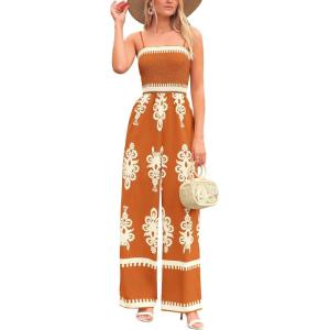 imagePRETTYGARDEN Womens Summer Boho Jumpsuits One Piece Beach Vacation Outfits Spaghetti Strap Wide Leg Pants RompersBrick Red