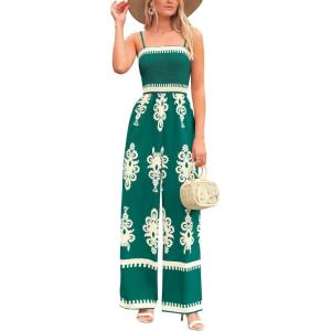 imagePRETTYGARDEN Womens Summer Boho Jumpsuits One Piece Beach Vacation Outfits Spaghetti Strap Wide Leg Pants RompersDark Green