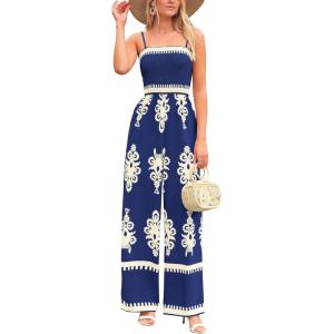 imagePRETTYGARDEN Womens Summer Boho Jumpsuits One Piece Beach Vacation Outfits Spaghetti Strap Wide Leg Pants RompersNavy