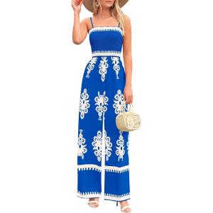 imagePRETTYGARDEN Womens Summer Boho Jumpsuits One Piece Beach Vacation Outfits Spaghetti Strap Wide Leg Pants RompersRoyal Blue White Floral