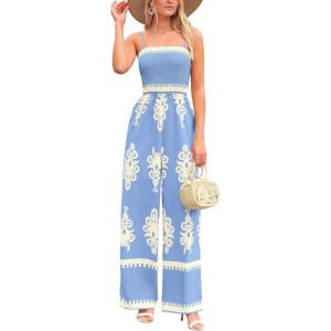 imagePRETTYGARDEN Womens Summer Boho Jumpsuits One Piece Beach Vacation Outfits Spaghetti Strap Wide Leg Pants RompersSky Blue