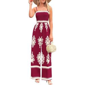 imagePRETTYGARDEN Womens Summer Boho Jumpsuits One Piece Beach Vacation Outfits Spaghetti Strap Wide Leg Pants RompersWine Red Apricot Floral