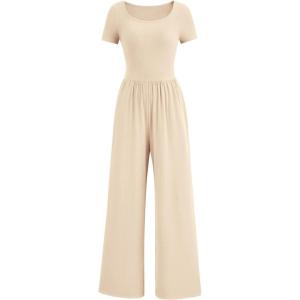 imagePRETTYGARDEN Womens Summer One Piece Jumpsuits Dressy Casual Short Sleeve Square Neck Wide Leg Jumpsuit RompersBeige