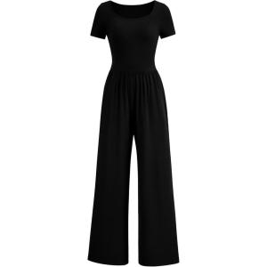 imagePRETTYGARDEN Womens Summer One Piece Jumpsuits Dressy Casual Short Sleeve Square Neck Wide Leg Jumpsuit RompersBlack