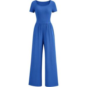 imagePRETTYGARDEN Womens Summer One Piece Jumpsuits Dressy Casual Short Sleeve Square Neck Wide Leg Jumpsuit RompersBlue