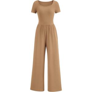 imagePRETTYGARDEN Womens Summer One Piece Jumpsuits Dressy Casual Short Sleeve Square Neck Wide Leg Jumpsuit RompersCamel