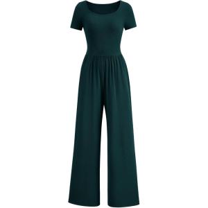 imagePRETTYGARDEN Womens Summer One Piece Jumpsuits Dressy Casual Short Sleeve Square Neck Wide Leg Jumpsuit RompersDark Green