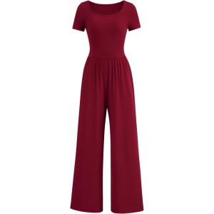 imagePRETTYGARDEN Womens Summer One Piece Jumpsuits Dressy Casual Short Sleeve Square Neck Wide Leg Jumpsuit RompersWine Red