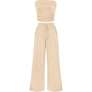 imagePRETTYGARDEN Womens Summer Outfits 2 Piece Sets Casual Ribbed Knit Crop Tube Top Wide Leg Pants Spring Matching Lounge SetApricot