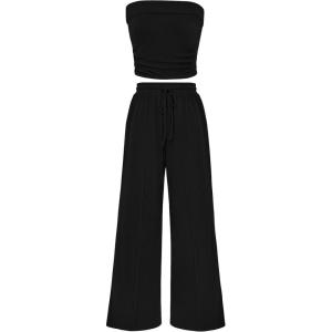 imagePRETTYGARDEN Womens Summer Outfits 2 Piece Sets Casual Ribbed Knit Crop Tube Top Wide Leg Pants Spring Matching Lounge SetBlack