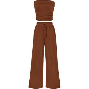 imagePRETTYGARDEN Womens Summer Outfits 2 Piece Sets Casual Ribbed Knit Crop Tube Top Wide Leg Pants Spring Matching Lounge SetBrown